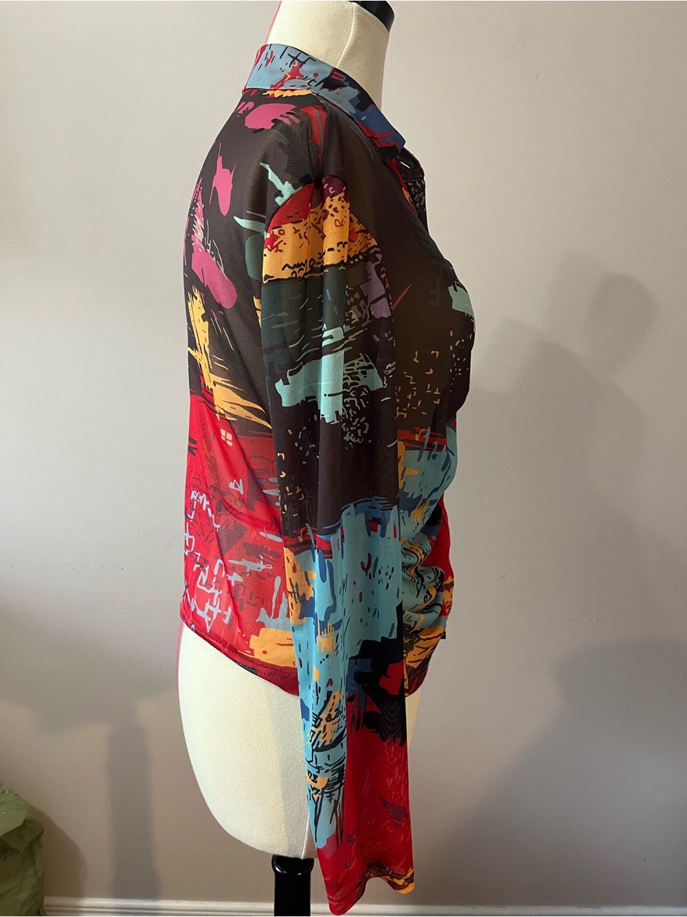 Sheer Multi-Color Ruched Button-Front Blouse - Picture 7 of 8